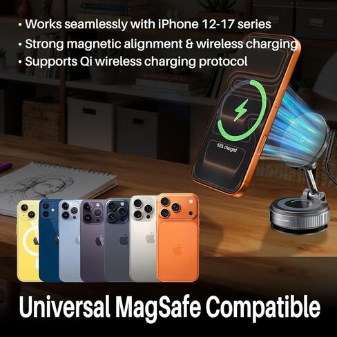 لشاحن Magsafe Car Mount ، 15W شاحن اللاسلكي كأس شفط الهاتف مع ضوء تنفس RGB ، 360 حامل هاتف مغناطيسي قابل للتعديل لـ iPhone 17 Pro Max 17 Air 16 15 Plus in Kuwait