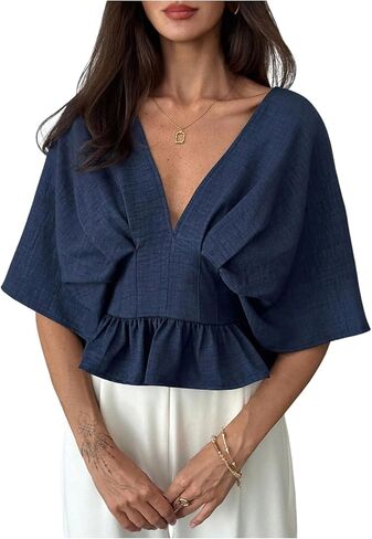 Floerns Women's Dolman Sleeve Peplum V Neck Pleated Ruffle Dressy Casual Blouse Tops in Saudi Arabia