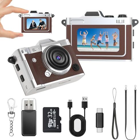 Mini Keychain Camera - 2K FHD Tiny Retro Digital Camera with 32GB Card, 1.47" Screen & OTG Adapter, Vintage Compact Micro Pocket Camera for Kids,Travel,Party (Black) in Kuwait