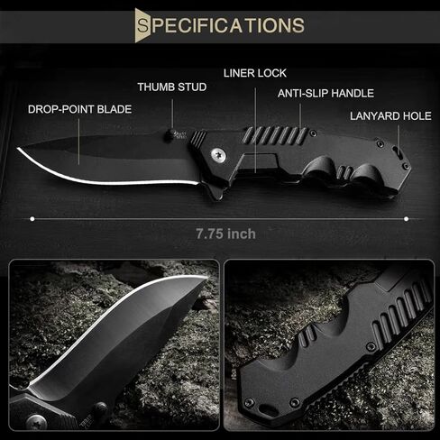 Pocket Knife for Men, Folding Knife with Clip, EDC Pocket Knives with Flipper Open and Liner Lock, Sharp Tactical Knife for Outdoor Survival Camping Hunting Fishing, Cool Knifes for Dad, Mens Gift in Kuwait