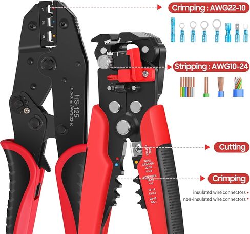 مجموعة أدوات تجعيد وتقشير الأسلاك من Kuject، 3 في 1 تجريد الأسلاك ذاتية الضبط لـ 10-24 AWG مع مجموعة أدوات تجعيد لموصلات الانكماش الحراري AWG22-10 in Kuwait