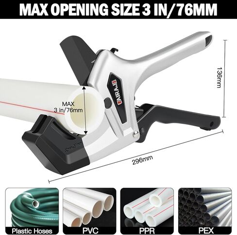 AIRAJ Ratchet PVC قاطع الأنابيب الثقيلة، يقطع حتى 3 بوصات، قاطع PVC مع استبدال الشفرة بنقرة واحدة، قاطع الأنابيب البلاستيكية، أداة قطع PVC، قاطع أنابيب PEX، مقصات الأنابيب البلاستيكية مع شفرة احتياطية إضافية in Kuwait