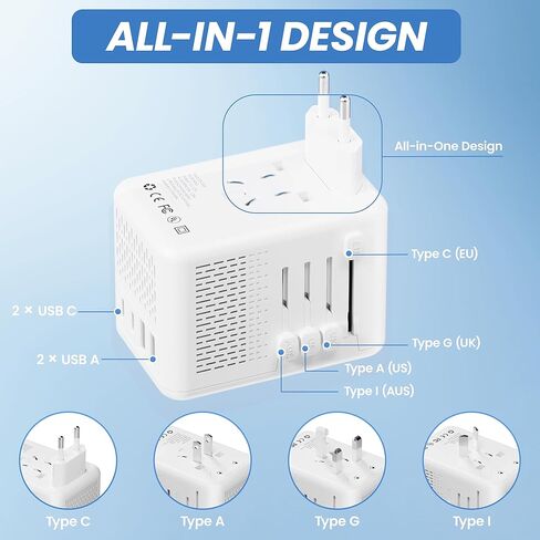 محول سفر عالمي، محول قابس السفر الأوروبي، محول قابس عالمي عالمي مع منفذين USB و2 منافذ USB C، محول طاقة عالمي كهربائي لأوروبا والمملكة المتحدة والاتحاد الأوروبي والولايات المتحدة الأمريكية (أسود) in Kuwait