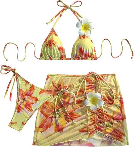 SOLY HUX Women's Cute Floral Bikinis 3 Piece Swimsuits Halter String High Cut Bathing Suit with Coverup Skirt in Saudi Arabia