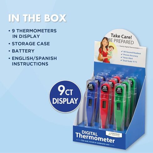 Veridian Healthcare Digital Thermometer | 60-Second Readout | 9-Piece Display | Clinical Rigid Tip | Hygienic Water-Resistant Easy Cleaning | Storage Case + Instructions Included in Kuwait