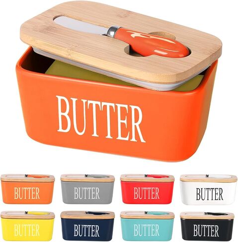 Ceramic Butter Dish with Wooden Lid, Large Butters Container Keeper Storage with Stainless Steel Knife Spreader, Bamboo Cover and Silicone Sealing Ring for West East Coast, Black in Kuwait