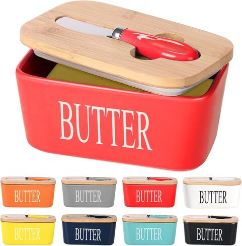 Ceramic Butter Dish with Wooden Lid, Large Butters Container Keeper Storage with Stainless Steel Knife Spreader, Bamboo Cover and Silicone Sealing Ring for West East Coast, Black in Saudi Arabia