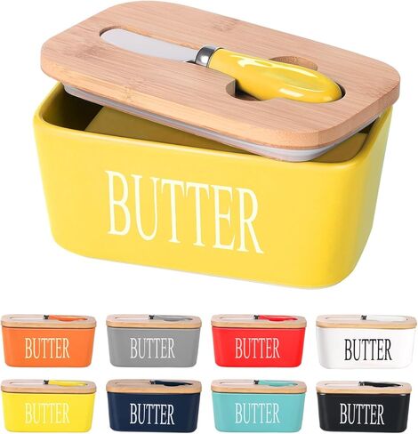 Ceramic Butter Dish with Wooden Lid, Large Butters Container Keeper Storage with Stainless Steel Knife Spreader, Bamboo Cover and Silicone Sealing Ring for West East Coast, Black in Saudi Arabia