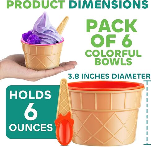 JoyServe Ice Cream Bowls and Spoons Set - (Pack of 6) Reusable Plastic Ice Cream Cups and Waffle Cone Shaped Spoons for Dessert, Frozen Yogurt, Gelato, Birthday Party Decorations in Saudi Arabia