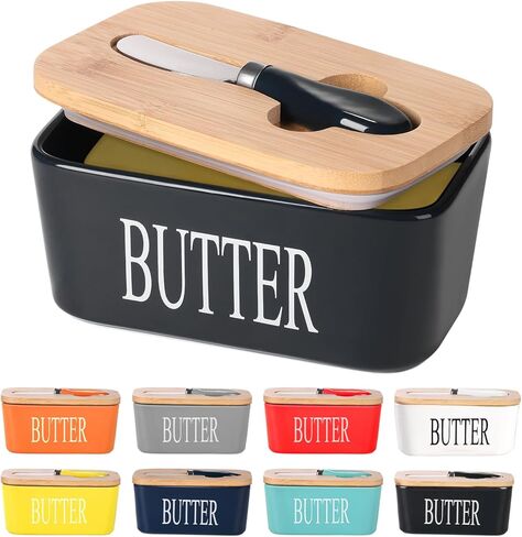 Ceramic Butter Dish with Wooden Lid, Large Butters Container Keeper Storage with Stainless Steel Knife Spreader, Bamboo Cover and Silicone Sealing Ring for West East Coast, Black in Saudi Arabia