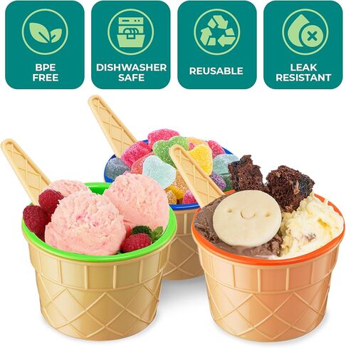 JoyServe Ice Cream Bowls and Spoons Set - (Pack of 6) Reusable Plastic Ice Cream Cups and Waffle Cone Shaped Spoons for Dessert, Frozen Yogurt, Gelato, Birthday Party Decorations in Saudi Arabia