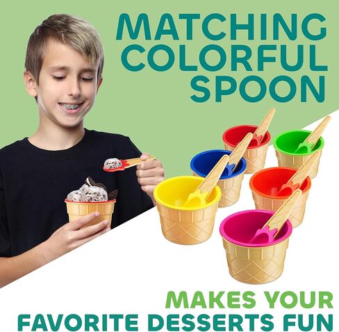 JoyServe Ice Cream Bowls and Spoons Set - (Pack of 6) Reusable Plastic Ice Cream Cups and Waffle Cone Shaped Spoons for Dessert, Frozen Yogurt, Gelato, Birthday Party Decorations in Saudi Arabia