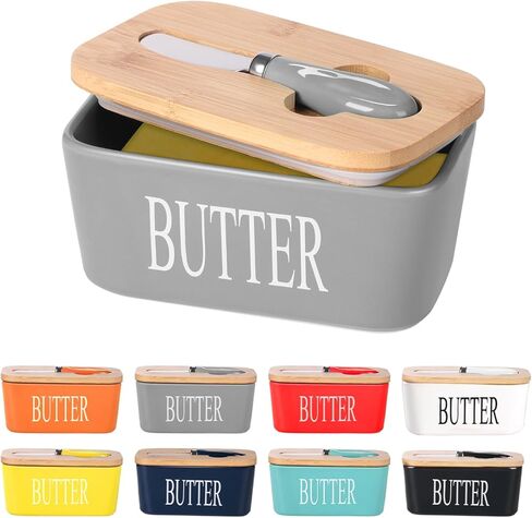 Ceramic Butter Dish with Wooden Lid, Large Butters Container Keeper Storage with Stainless Steel Knife Spreader, Bamboo Cover and Silicone Sealing Ring for West East Coast, Black in Saudi Arabia