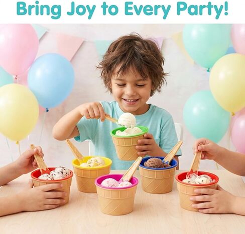 JoyServe Ice Cream Bowls and Spoons Set - (Pack of 6) Reusable Plastic Ice Cream Cups and Waffle Cone Shaped Spoons for Dessert, Frozen Yogurt, Gelato, Birthday Party Decorations in Saudi Arabia