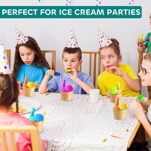 JoyServe Ice Cream Bowls and Spoons Set - (Pack of 6) Reusable Plastic Ice Cream Cups and Waffle Cone Shaped Spoons for Dessert, Frozen Yogurt, Gelato, Birthday Party Decorations in Saudi Arabia
