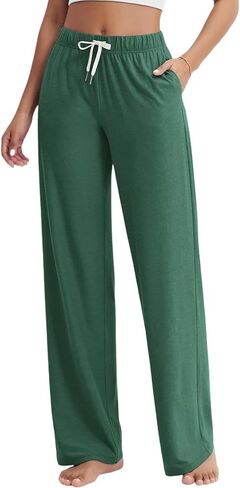 Women's Straight Leg Lounge Loose Solid Fit Casual Elastic Waist Pants with Pockets&Drawstring Design in Saudi Arabia