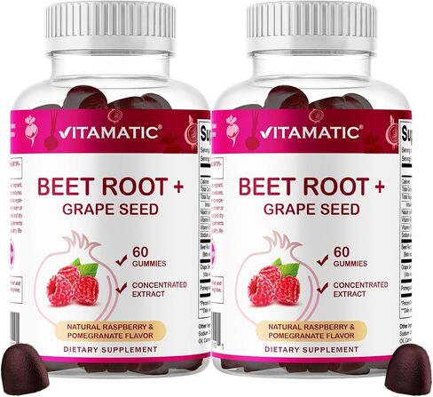 Vitamatic Beet Root Gummies with B6, B12, Grape Seed, Pomegranate & Nicotinamide – Plant-Based Extract – Vegan, Non-GMO – Botanical Supplement Gummies – 60 Count - 2 Pack (120 Count) in Saudi Arabia