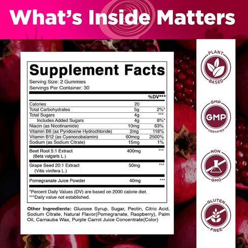 Vitamatic Beet Root Gummies with B6, B12, Grape Seed, Pomegranate & Nicotinamide – Plant-Based Extract – Vegan, Non-GMO – Botanical Supplement Gummies – 60 Count - 2 Pack (120 Count) in Saudi Arabia