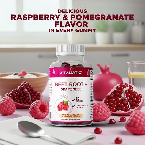 Vitamatic Beet Root Gummies with B6, B12, Grape Seed, Pomegranate & Nicotinamide – Plant-Based Extract – Vegan, Non-GMO – Botanical Supplement Gummies – 60 Count - 2 Pack (120 Count) in Saudi Arabia