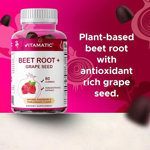 Vitamatic Beet Root Gummies with B6, B12, Grape Seed, Pomegranate & Nicotinamide – Plant-Based Extract – Vegan, Non-GMO – Botanical Supplement Gummies – 60 Count - 2 Pack (120 Count) in Saudi Arabia