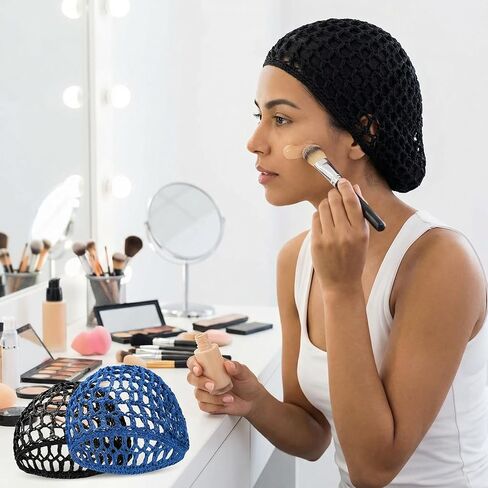 4 عبوات من قبعة النوم الشبكية للشعر الكروشيه، غطاء شعر شبكي قابل للتنفس للنساء، غطاء شعر ليلي مرن للشعر الطبيعي المجعد، الضفائر والجذوع، 2 أسود + 2 أزرق ياقوتي in Kuwait