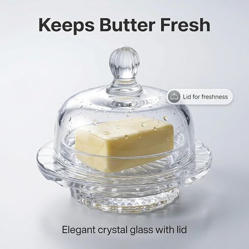 Glass Butter Dish with Lid for Countertop & Refrigerator -Optic Dome Design, Crystal Butter Dish with Lid, Lead Free& DishWasher Safe. in Saudi Arabia