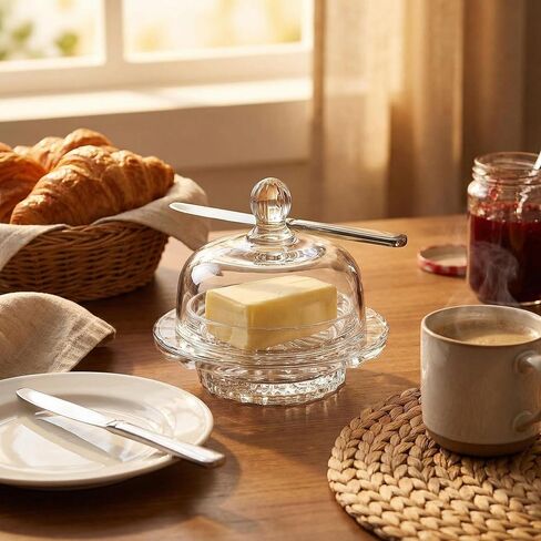 Glass Butter Dish with Lid for Countertop & Refrigerator -Optic Dome Design, Crystal Butter Dish with Lid, Lead Free& DishWasher Safe. in Saudi Arabia