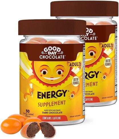 مكملات طاقة الشوكولاتة Good Day للبالغين [عبوة من قطعتين] شوكولاتة الكافيين ذات التجارة العادلة مع فيتامينات ب ومستخلصات الشاي الأخضر و20 مجم من الكافيين لكل قطعة - معزز للطاقة للنساء والرجال in Kuwait