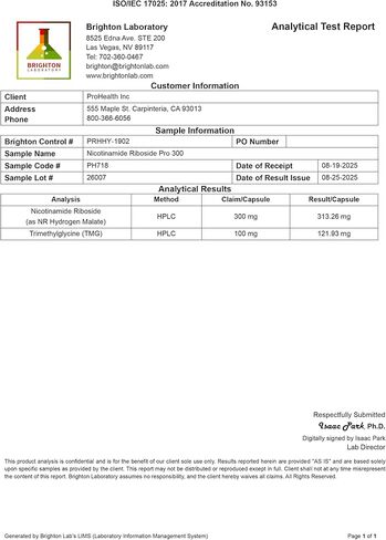 ProHealth Nicotinamide Riboside Pro 300. 300 مجم NR (مثل NR هيدروجين مالات) بالإضافة إلى 100 مجم ثلاثي ميثيل جليسين (TMG) يعزز NAD+ 30 وجبة in Kuwait