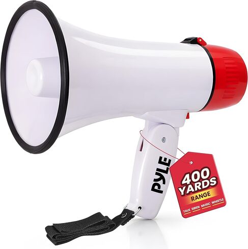 Pyle 20W Megaphone Bullhorn - صفارة إنذار أوتوماتيكية محمولة وحجم قابل للتعديل، نطاق عرض يصل إلى 400 ياردة مربعة، مدخل Aux، حديث، صفارة إنذار، موسيقى، صفارة، تسجيل، حزام كتف (أبيض-أحمر) in Saudi Arabia