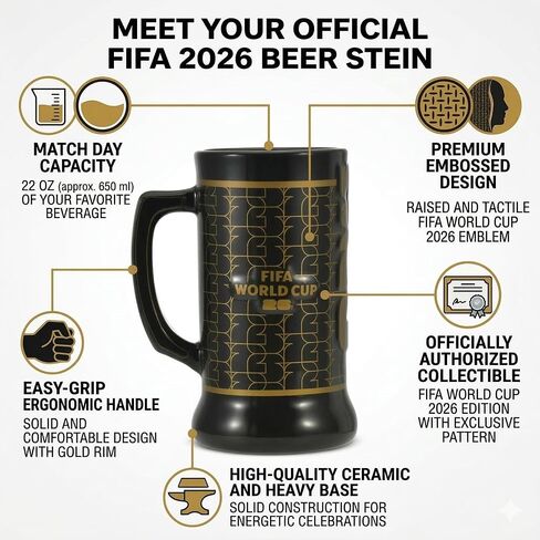 كوب كأس العالم الرسمي لكرة القدم 2026 Beer Stein سعة 22 أونصة منقوش باللونين الأسود والذهبي مع شعار الكأس القابل للتجميع مع مقبض تذكاري للبار المنزلي وكهف الرجل ويوم اللعبة in Kuwait