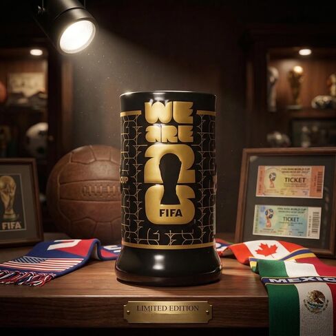 كوب كأس العالم الرسمي لكرة القدم 2026 Beer Stein سعة 22 أونصة منقوش باللونين الأسود والذهبي مع شعار الكأس القابل للتجميع مع مقبض تذكاري للبار المنزلي وكهف الرجل ويوم اللعبة in Kuwait