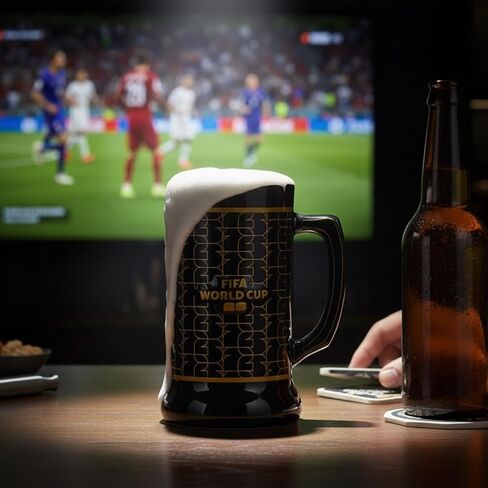 كوب كأس العالم الرسمي لكرة القدم 2026 Beer Stein سعة 22 أونصة منقوش باللونين الأسود والذهبي مع شعار الكأس القابل للتجميع مع مقبض تذكاري للبار المنزلي وكهف الرجل ويوم اللعبة in Kuwait