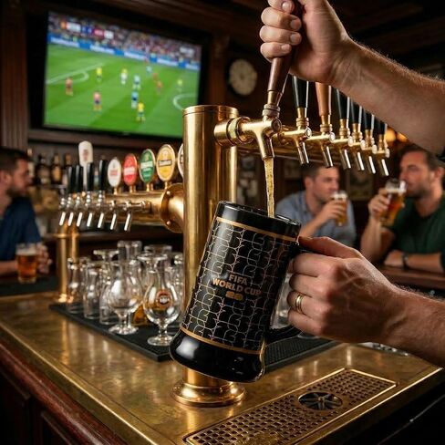 كوب كأس العالم الرسمي لكرة القدم 2026 Beer Stein سعة 22 أونصة منقوش باللونين الأسود والذهبي مع شعار الكأس القابل للتجميع مع مقبض تذكاري للبار المنزلي وكهف الرجل ويوم اللعبة in Kuwait