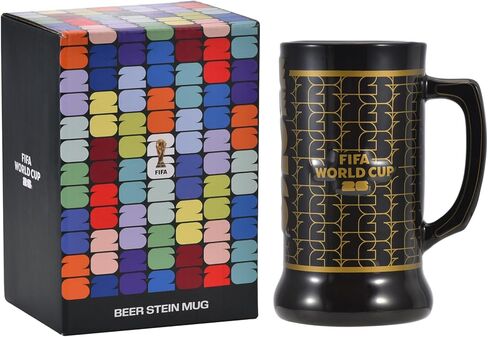 كوب كأس العالم الرسمي لكرة القدم 2026 Beer Stein سعة 22 أونصة منقوش باللونين الأسود والذهبي مع شعار الكأس القابل للتجميع مع مقبض تذكاري للبار المنزلي وكهف الرجل ويوم اللعبة in Kuwait