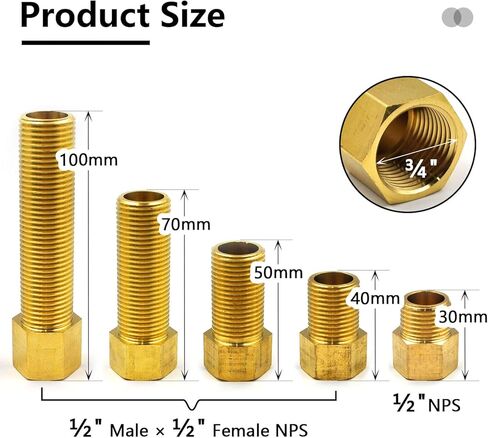5 عبوات من مجموعة محولات تمديد نحاسية مقاس 1/2 بوصة، تجهيزات أنابيب حلمة ذكر × أنثى مقاس 1/2 بوصة، محول محول جلبة سداسية، الطول 30/40/50/70/100 مم مع شريط إغلاق in Kuwait