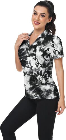 Womens Polo Shirts Watercolour Black White Tie Dye Short Sleeve Golf Shirt Activewear Polos Tennis T-Shirt in Saudi Arabia