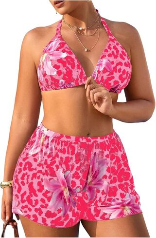 Verdusa Women's Plus Size 3 Piece Leopard Floral Halter Bikini Set Boho Swimsuits with Cover Up Shorts in Saudi Arabia