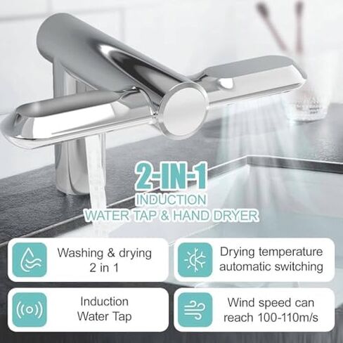 High-Speed Automatic Hand Dryer & Faucet Combo for Commercial/Home Bathrooms - Touchless Infrared Sensor, Dries Hands in 6 Seconds, Low Noise 60 dB, Easy Installation, Hot & Cold Air in Saudi Arabia