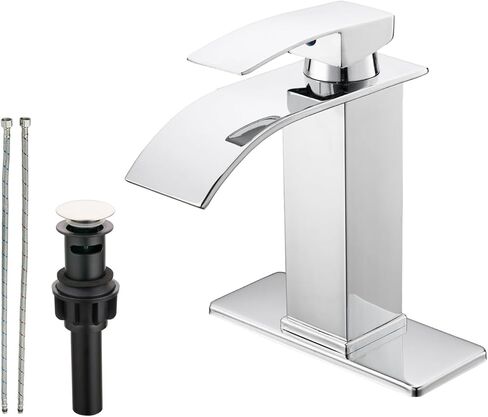Bathroom Faucet Polished Chrome Waterfall Bathroom Sink Faucet Single Handle Hot and Cold Faucet for 1 or 3 Hole with Supply Hose and Pop-Up Drain Lavatory Vanity RV (Polished Chrome) in Saudi Arabia