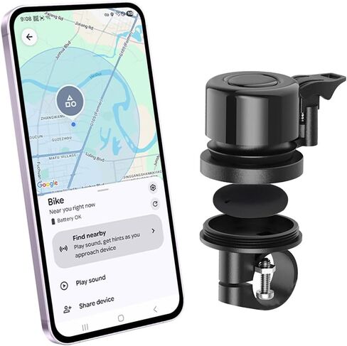 جرس الدراجة مع علامة تعقب تعمل من أجل تطبيق Find Hub، حامل الدراجة لجهاز تعقب GPS المقاوم للماء، حامل كلاسيكي من الفولاذ المقاوم للصدأ، مضاد للسرقة، 100 ديسيبل، يناسب مقود 0.83 بوصة/22.0، 1 بوصة/25.4 مم (Android فقط) in Kuwait