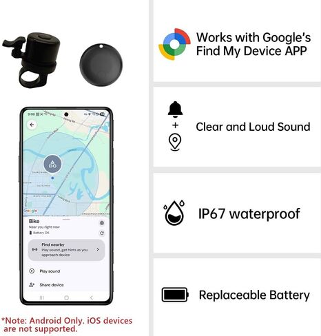 جرس الدراجة مع علامة تعقب تعمل من أجل تطبيق Find Hub، حامل الدراجة لجهاز تعقب GPS المقاوم للماء، حامل كلاسيكي من الفولاذ المقاوم للصدأ، مضاد للسرقة، 100 ديسيبل، يناسب مقود 0.83 بوصة/22.0، 1 بوصة/25.4 مم (Android فقط) in Kuwait