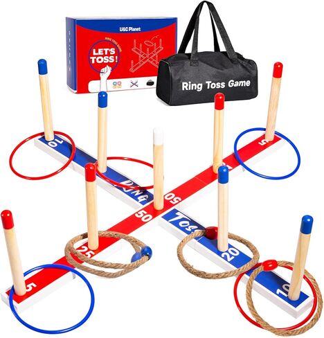 Indoor Outdoor Toys Games Upgraded Large Wooden Ring Toss Game Yard Games for Kids, Lawn Outdoor Games for Family with 10 Plastic Ring and 10 Ropes,1 Carry Bag in Kuwait