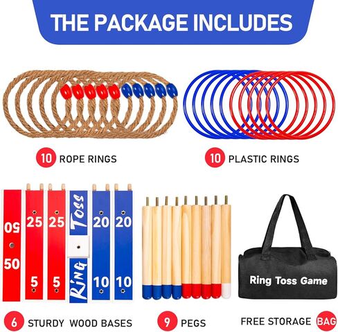 Indoor Outdoor Toys Games Upgraded Large Wooden Ring Toss Game Yard Games for Kids, Lawn Outdoor Games for Family with 10 Plastic Ring and 10 Ropes,1 Carry Bag in Kuwait