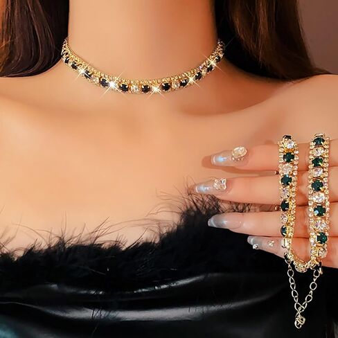 JEAIRTS Rhinestone Choker Jewelry Set Gold Sparkly Crystal Necklace and Earrings Sets for Bridal Wedding Prom in Saudi Arabia