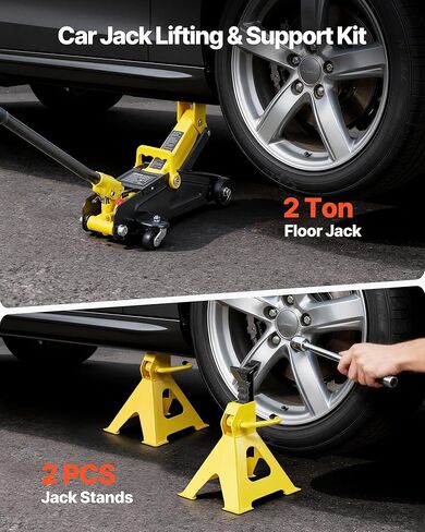 VEVOR Low Profile Floor Jack, 2 Ton (4400 lbs) Capacity, Steel Racing Floor Jack with Stands, Single Piston Quick Lift Pump, Hydraulic Trolley Car Lift for Compact SUVs, Lifting Range 5.1-12.2 Inches in Saudi Arabia