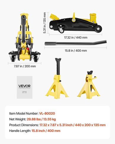 VEVOR Low Profile Floor Jack, 2 Ton (4400 lbs) Capacity, Steel Racing Floor Jack with Stands, Single Piston Quick Lift Pump, Hydraulic Trolley Car Lift for Compact SUVs, Lifting Range 5.1-12.2 Inches in Saudi Arabia