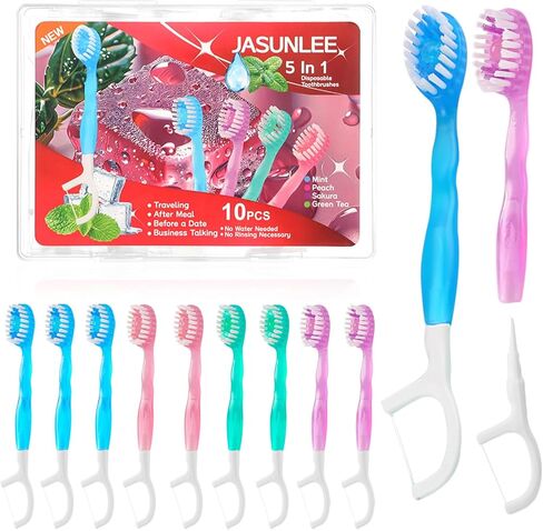 JASUNLEE 70Pack Mini Disposable Toothbrushes 5-in-1 Portable Pre-Pasted Travel Toothbrush with Toothpaste Pick Floss Tongue Scraper Individually Wrapped Box Small Toothbrush for Kids Adults in Saudi Arabia
