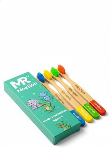 MeeRoh Kids Bamboo فرشاة أسنان 4 عبوات - شعيرات فائقة النعومة للأطفال الصغار والأطفال من سن 3 إلى 8 سنوات - فرشاة أسنان للأطفال بمقبض من الخيزران الصديق للبيئة - متعدد الألوان in Kuwait