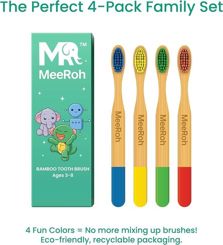 MeeRoh Kids Bamboo فرشاة أسنان 4 عبوات - شعيرات فائقة النعومة للأطفال الصغار والأطفال من سن 3 إلى 8 سنوات - فرشاة أسنان للأطفال بمقبض من الخيزران الصديق للبيئة - متعدد الألوان in Kuwait